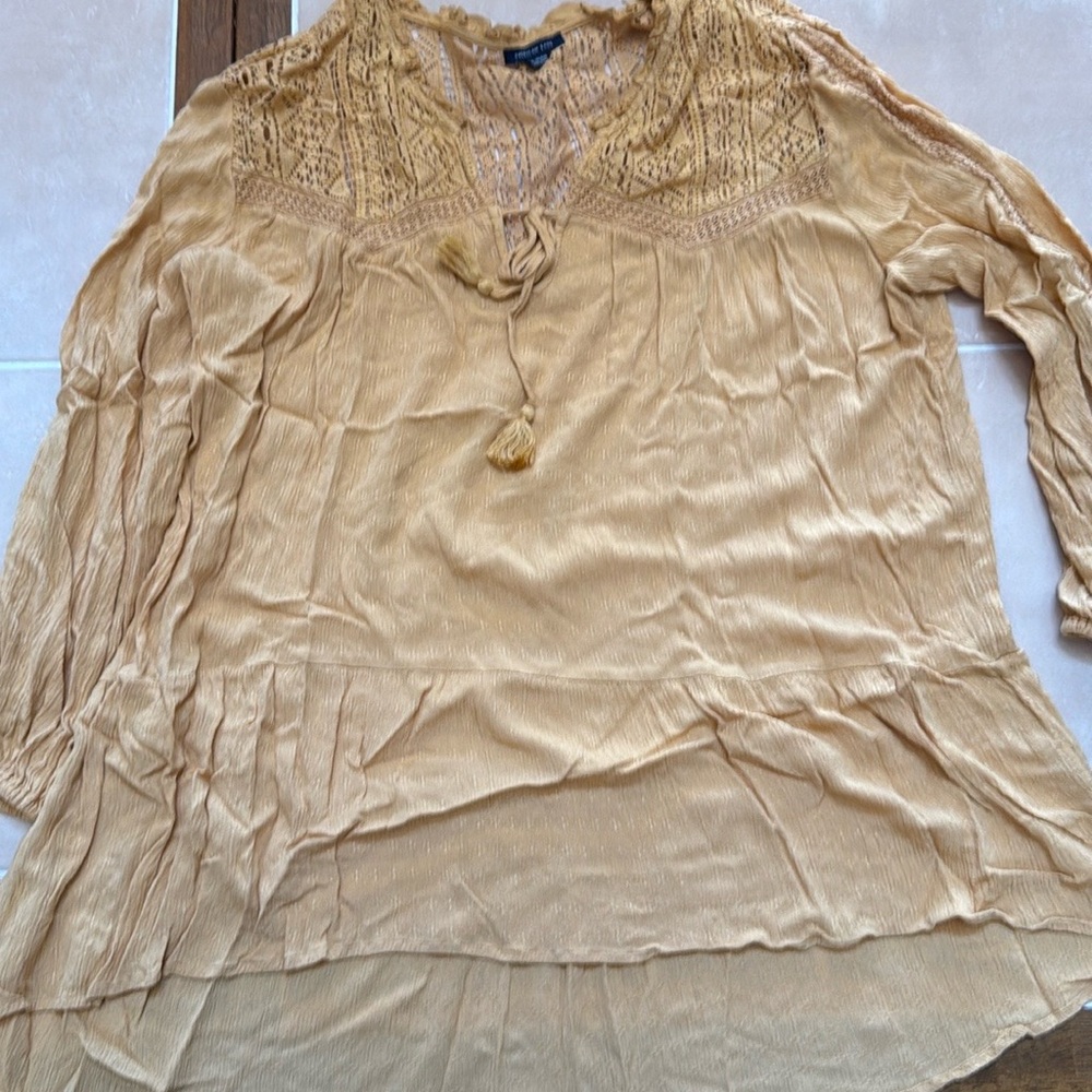 American Eagle Women's Tan Blouse with Lace Detail